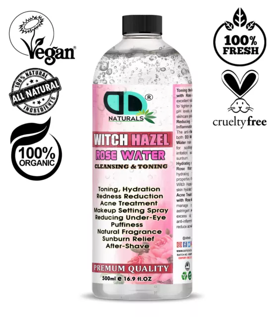 DD Witch Hazel Facial Toner with Rose Water -Alcohol Free 100% NATURAL & ORGANIC