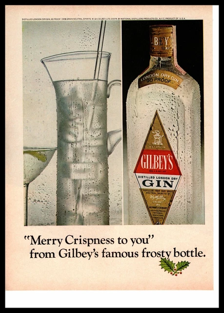 1966 Gilbey's London Dry Gin Bottle "Merry Crispness To You" Christmas Print Ad