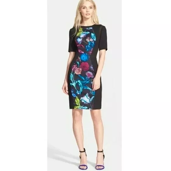 TED BAKER Midnight Bloom Abade Black Floral Sheath Dress Fitted Size 3 Medium