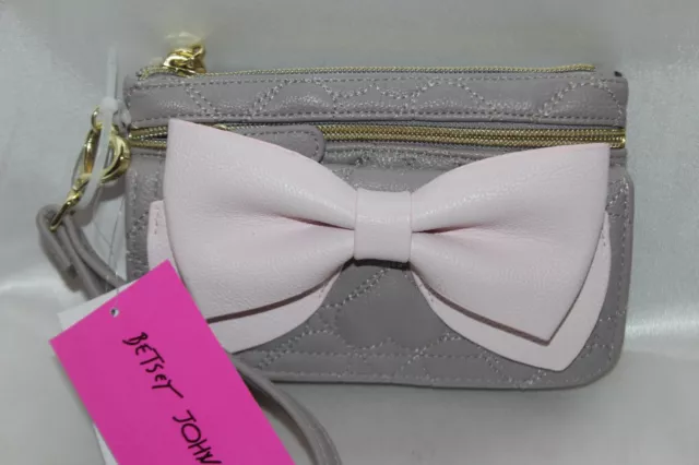 NEW! BETSEY JOHNSON Gray Pink Ready Set Bow Faux Leather Zip Clutch Wristlet $65