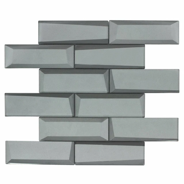 Modern 2X6 Faceted Beveled Subway Gray Glossy Metallic Glass Mosaic Tile MTO0160
