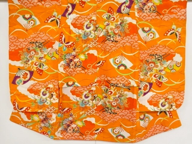 39175# Japanese Kimono / Antique Kimono For Girls / Cloud With Flower Cart &