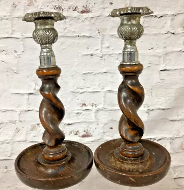 Antique Pair Oak  Barley Twist Wooden Candlesticks  Chrome Top  1920's H- 21cm