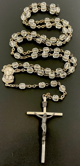 Rosario de 5 décadas de cristal católico vintage, crucifijo en tono plateado, Italia
