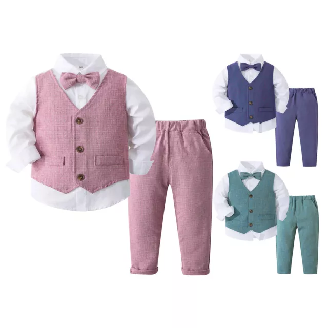 Kids Boys Outfit Bowtie Pointed Hem Vest Four-Piece Long Sleeve Shirt Suit Pant