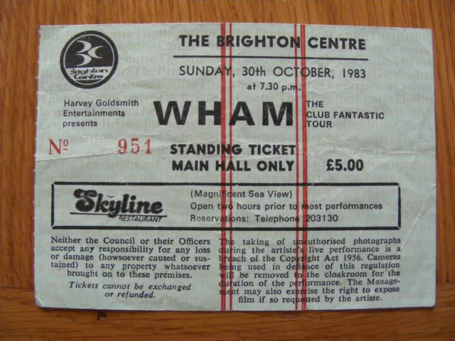 Wham! Concert Ticket - The Club Fantastic Tour - Brighton Centre 30/10/1983