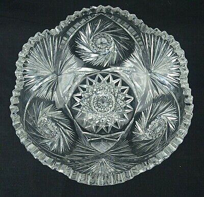 American Brilliant Period Cut Glass bowl ABP Pinwheel Hobstar fan cut
