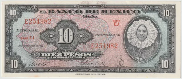 Mexico 10 Peso Banknote 1954 Uncirculated Condition Pick#58-B"Traditional Dress"