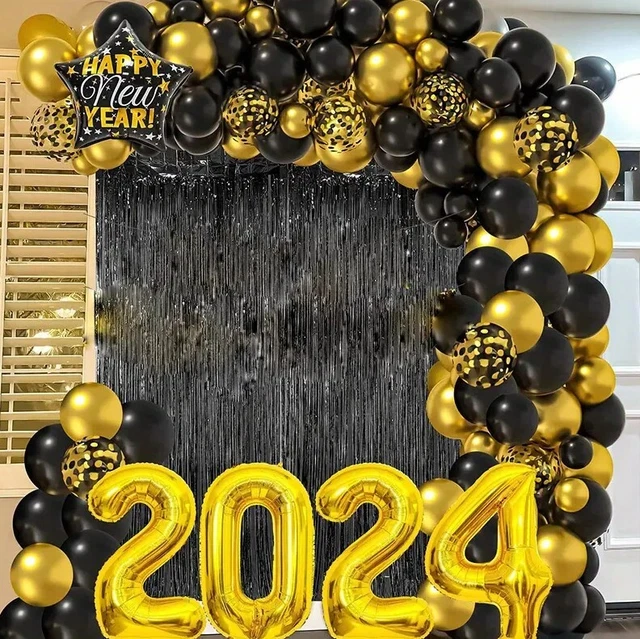 2024 HAPPY NEW Years Eve Balloon Arch Garland 97 Pcs Black/Gold Party