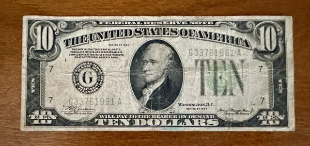 1934 Hamilton Green Seal Ten Dollar Bill
