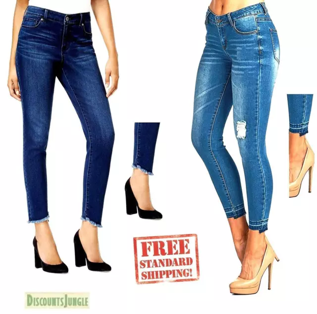 SO Womens Juniors Basic Blue Skinny HI low Distressed Denim ankle Jeans Pants