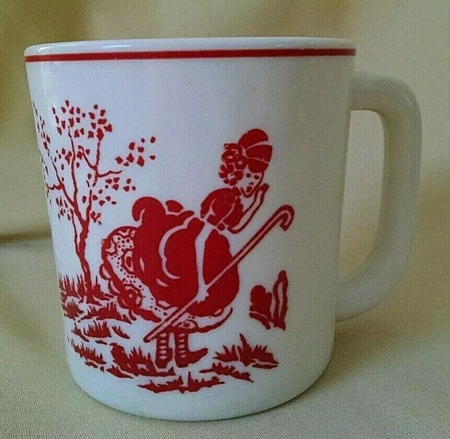 Little Bo Peep Mug White Opaque Milk Glass Red Stripe Sheep Graphic Unmarked.