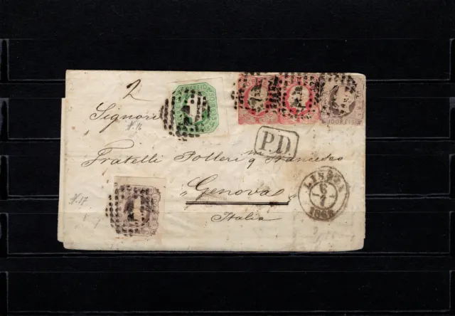 Portugal 1868, seltene Dreifarbenfrankatur aus Lissabon nach Italien