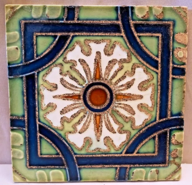 H S Tile Works Japan Vintage Geometric Design Ceramic Majolica Art Nouveau # 372