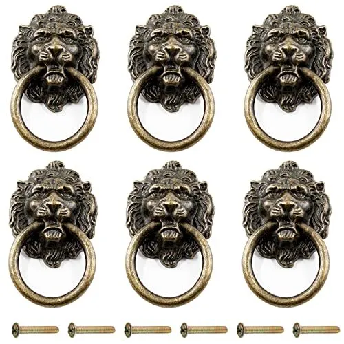 6 Pcs Lion Head Knobs Pull Antique Bronze Ring Pull Handles for Dresser Drawers
