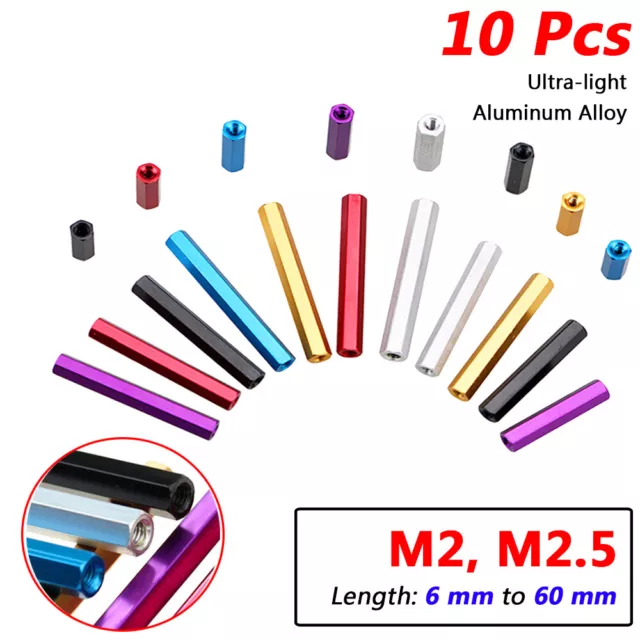 10Pcs Anodized Aluminum M2 M2.5 Female ~ Female Threaded Standoff Hex Spacer Nut