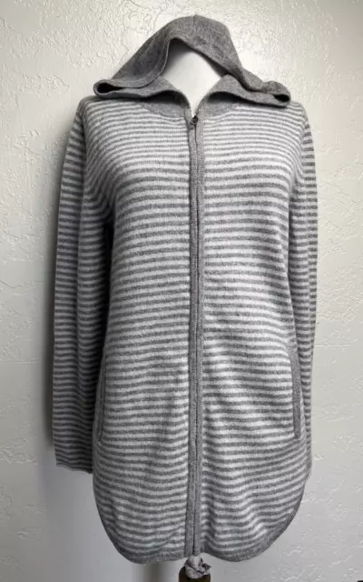 Neiman Marcus 100% Cashmere Full Zip Hooded Cardigan Sweater Sz S Gray Pockets