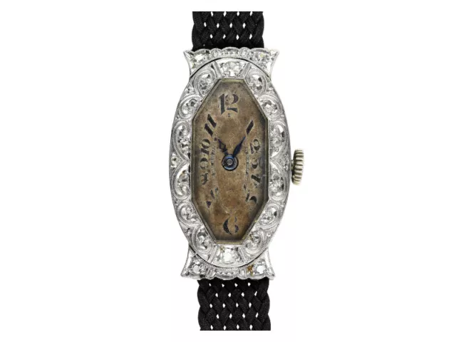 Art Deco Uhr Damen mit Altschliff-Diamanten und Diamantrosen in 750 Weißgold