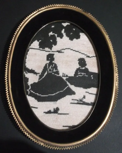Vintage Two Women Needlepoint Embroidery Picture Oval Glass Framed Tapestry !!!