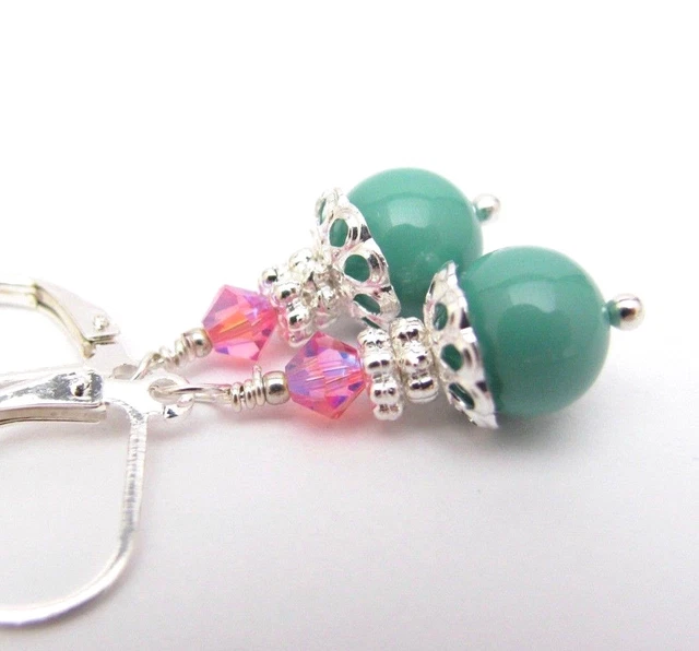 Boho Earrings Dainty Jade Green Crystal Pearls Holiday Gift Birthday Wedding