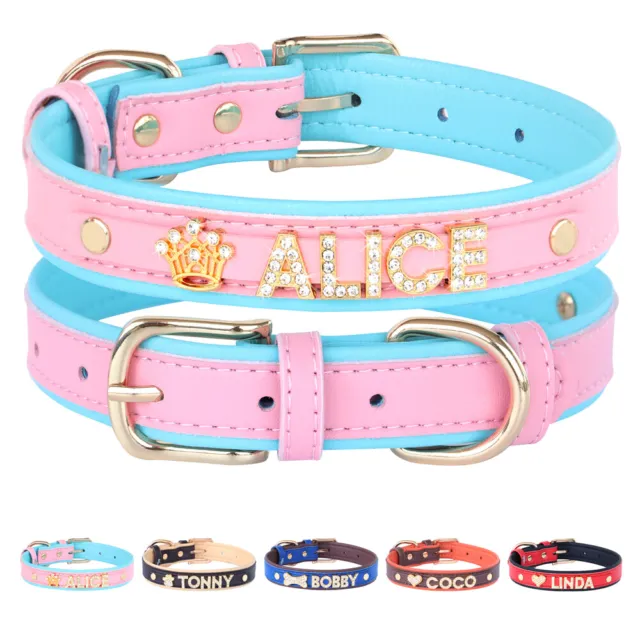 Personalized Dog Collar Leather Rhinestone Bling Charms Custom DIY Puppy Name