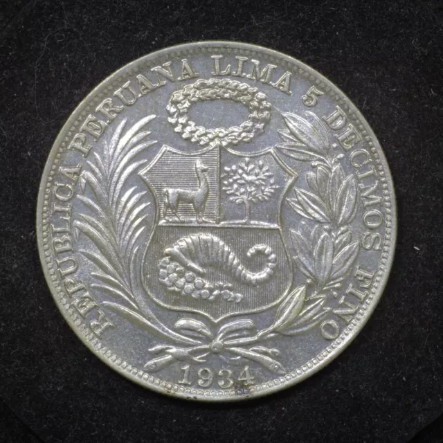 Peru 1 Sol 1934 Large 50% Silver Coin