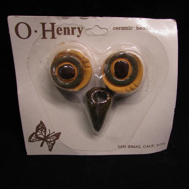 Owl Eyes Beak Ceramic Macrame Beads Orange Green Brown  New Vintage