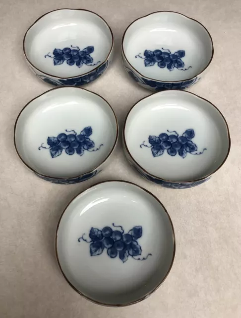 5 Japanese Rice Sake Soup Bowls 4.25" Ceramic Blue Grapes & Leaves Japan Signed