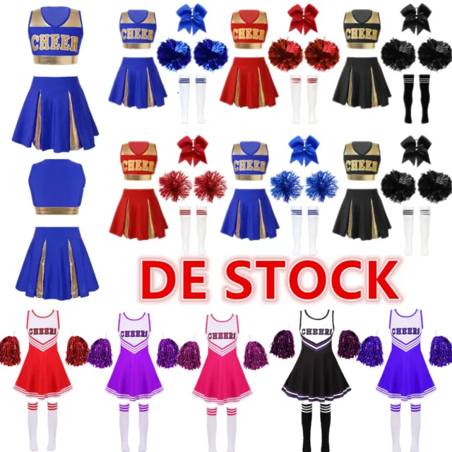 DE iEFiEL Mädchen Cheerleading Kostüm Ärmellos Schulmädchen Uniform Set Party