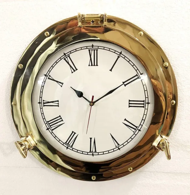 Brass Porthole Clock Antique Marine Nautical Home Decoration Gift 15" Golden