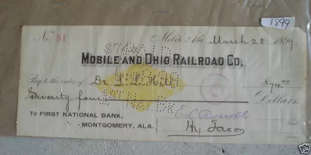 Rare 1899 Mobile and Ohio Railroad Company Check