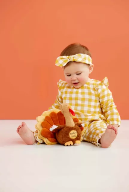 Mud Pie Baby Girls Gold Gingham One-Piece With Bow Headband Sizes 0-18 Months