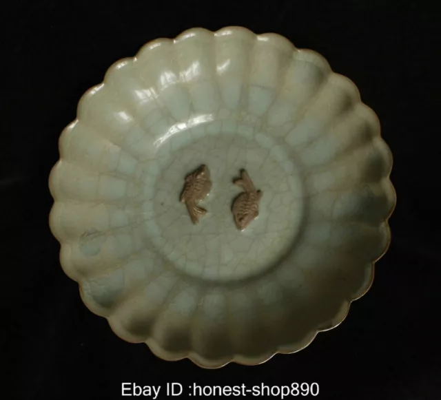 9.6" Old Chinese Ancient Ru Kiln Porcelain Song Dynasty Two Fish Plate Pen Wash