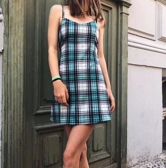 BRANDY MELVILLE TEAL green/blue plaid self tie Colleen dress NWT