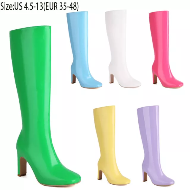 Candy Colors Party Knee High Boots Women's High Heel Square Toe Western Boots Sz