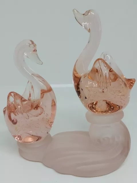 Vintage Handblown Glass Pair of Swans On Wave Pink Art Figurine 5" x 6.5" tall