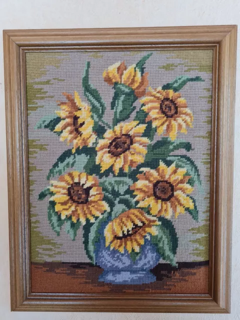 Vintage Stickbild - Vase mit Sonnenblumen - 46 x 36 cm - Gemälde mit Rahmen
