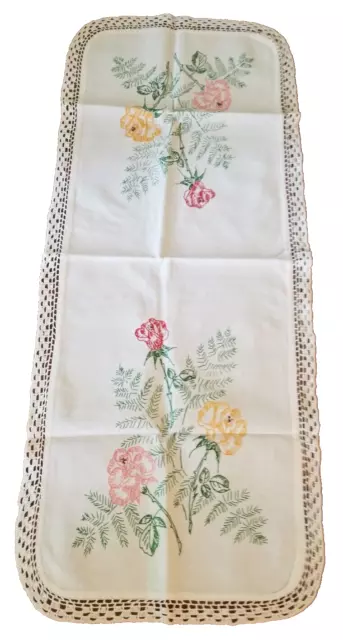 Embroidered Flowers & Crochet Trim Table Runner Dresser Scarf Vintage 34x14