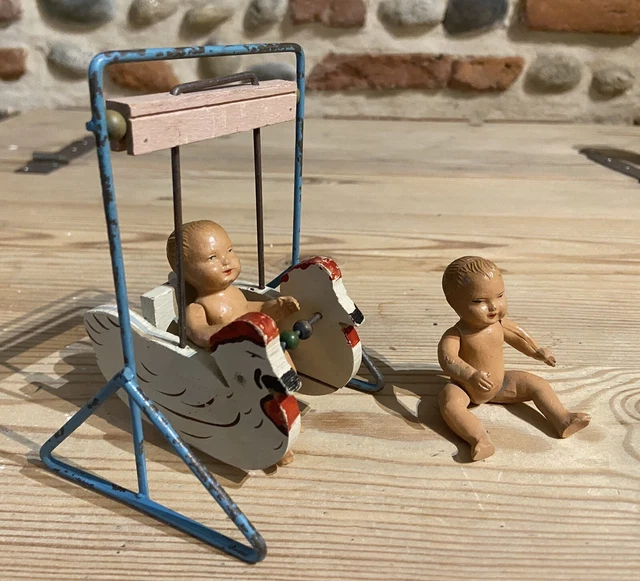 Balançoire Ancienne Pour Poupée Avec Deux Poupons En Biscuit NIL - Jouet Vintage