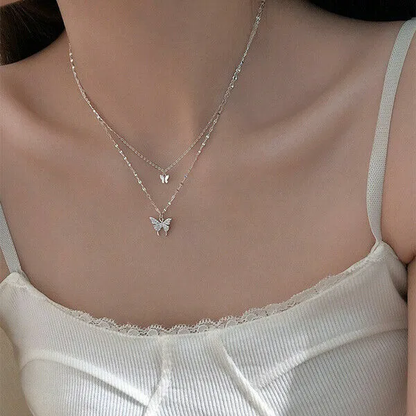 Double Layer Butterfly Pendant 925 Silver Clavicle Chain Necklace Womens Jewelry