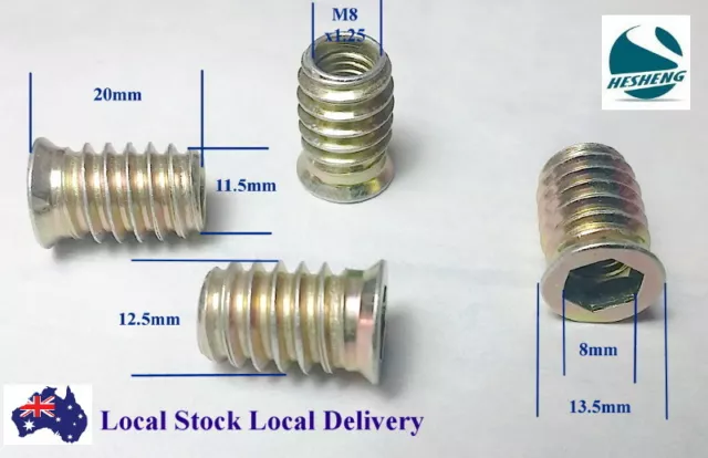 Qty 10 M8 20mm Hard Wood Timber Threaded Flange Zinc Steel Insert Allen Hex Nuts