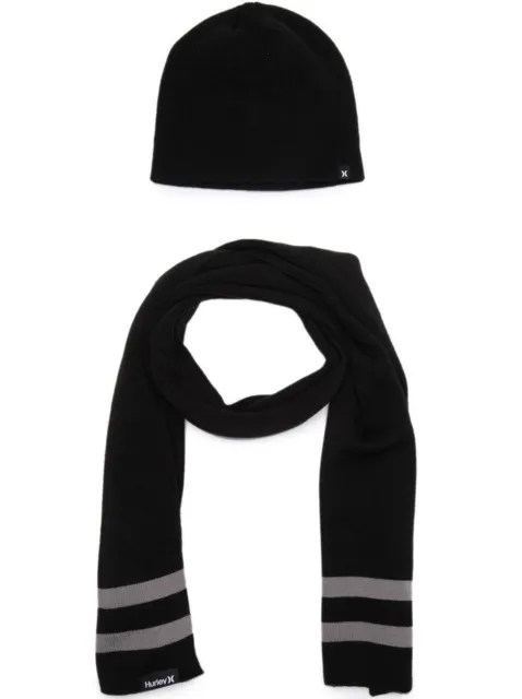 Hurley Black/ Grey Stripe New Yorker Soft Knit Beanie Hat Scarf Holiday Gift Set