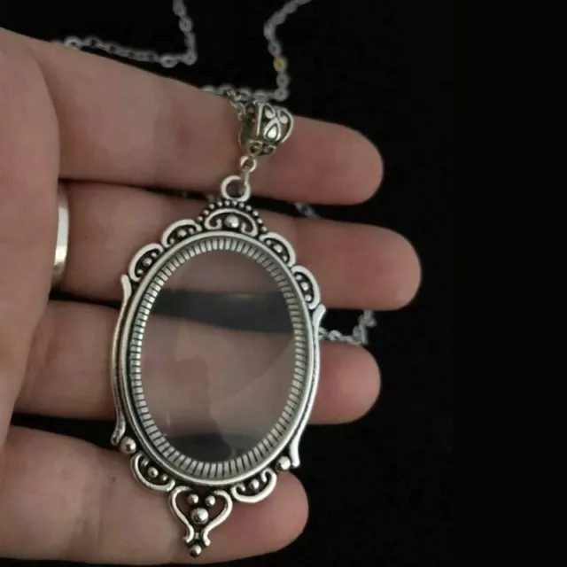 Magnifying Glass Style Necklace Victorian Pendant long Chain Silver cameo gift