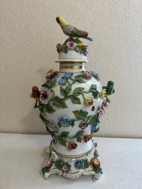 Large Carl Thieme Dresden German Porcelain Urn / Vase w/ Birds Flowers & Insects