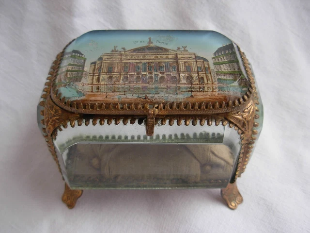 ANTIQUE FRENCH PARIS SOUVENIR BRASS BEVELED GLASS JEWEL BOX,OPERA,LATE 19th.