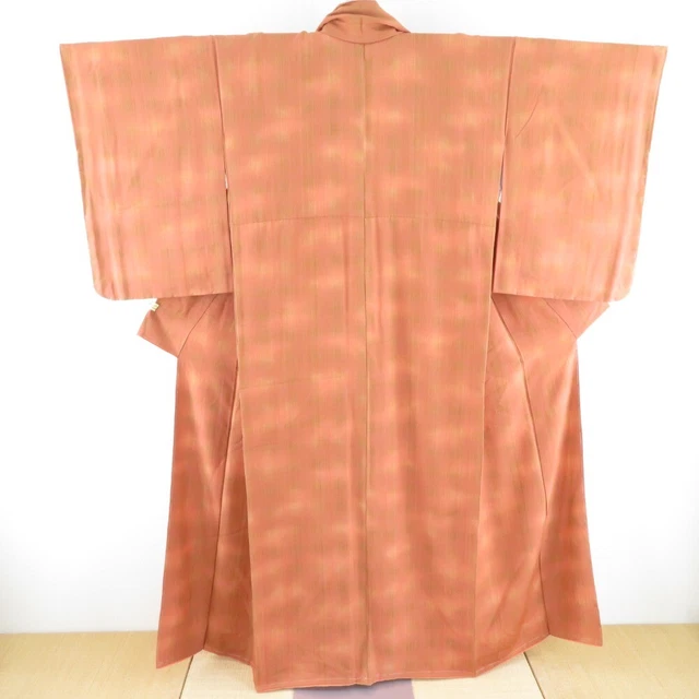 Komon kimono Silk Grid pattern Orange 60.2inch Women's