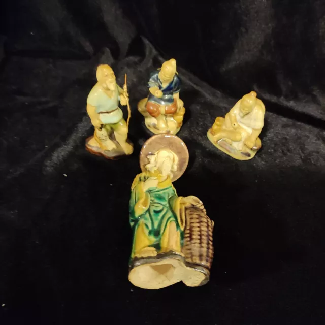 3 Vintage Miniature Chinese Mudman  Fisherman Mudmen Figures + Man With Basket