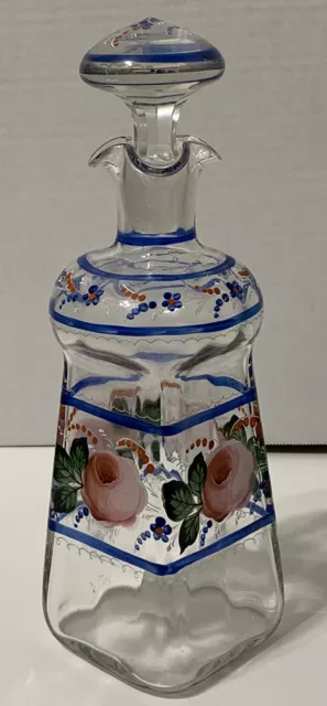 Gorgeous Antique Bohemian Glass Hand Painted 11.5” Blown Crystal Decanter