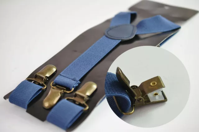 Steel Blue Elastic Suspenders Braces Bronze Metal Clips for Men / Boys / Baby