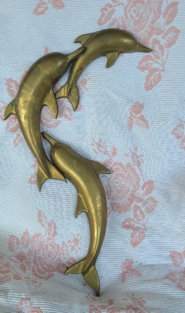 Vintage Solid Brass Dancing Dolphins Wall Decor Nearly 4 FT Long Large